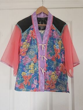 Vintage Just Cruising Vibrant Floral Kimono Top in Turquoise & Coral Small